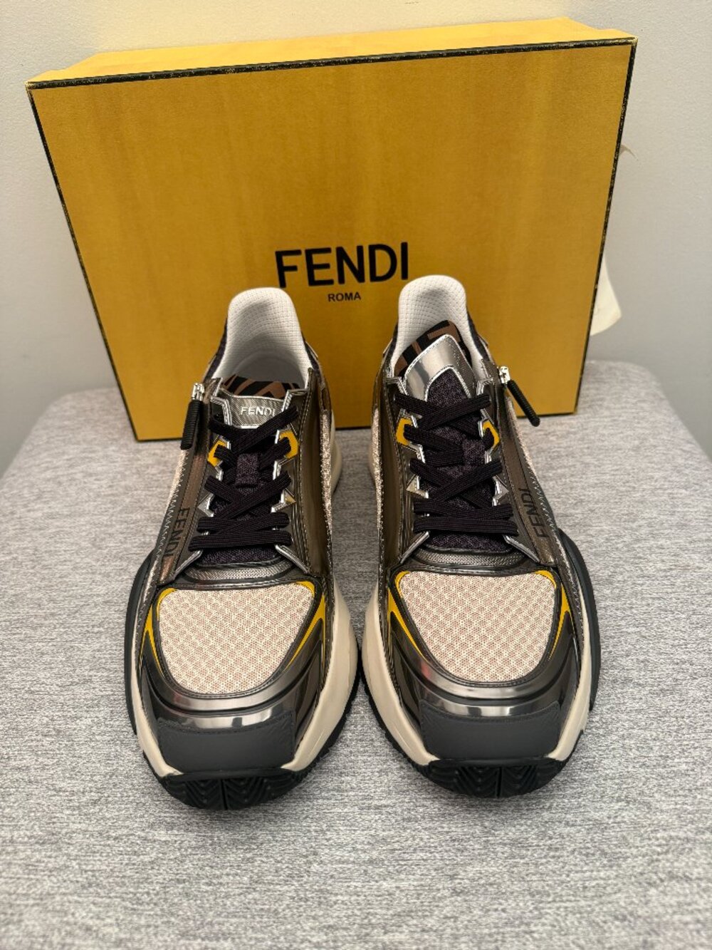 Fendi Flow Lace Up Sneaker - UK 10 / US 11 in Brown & White